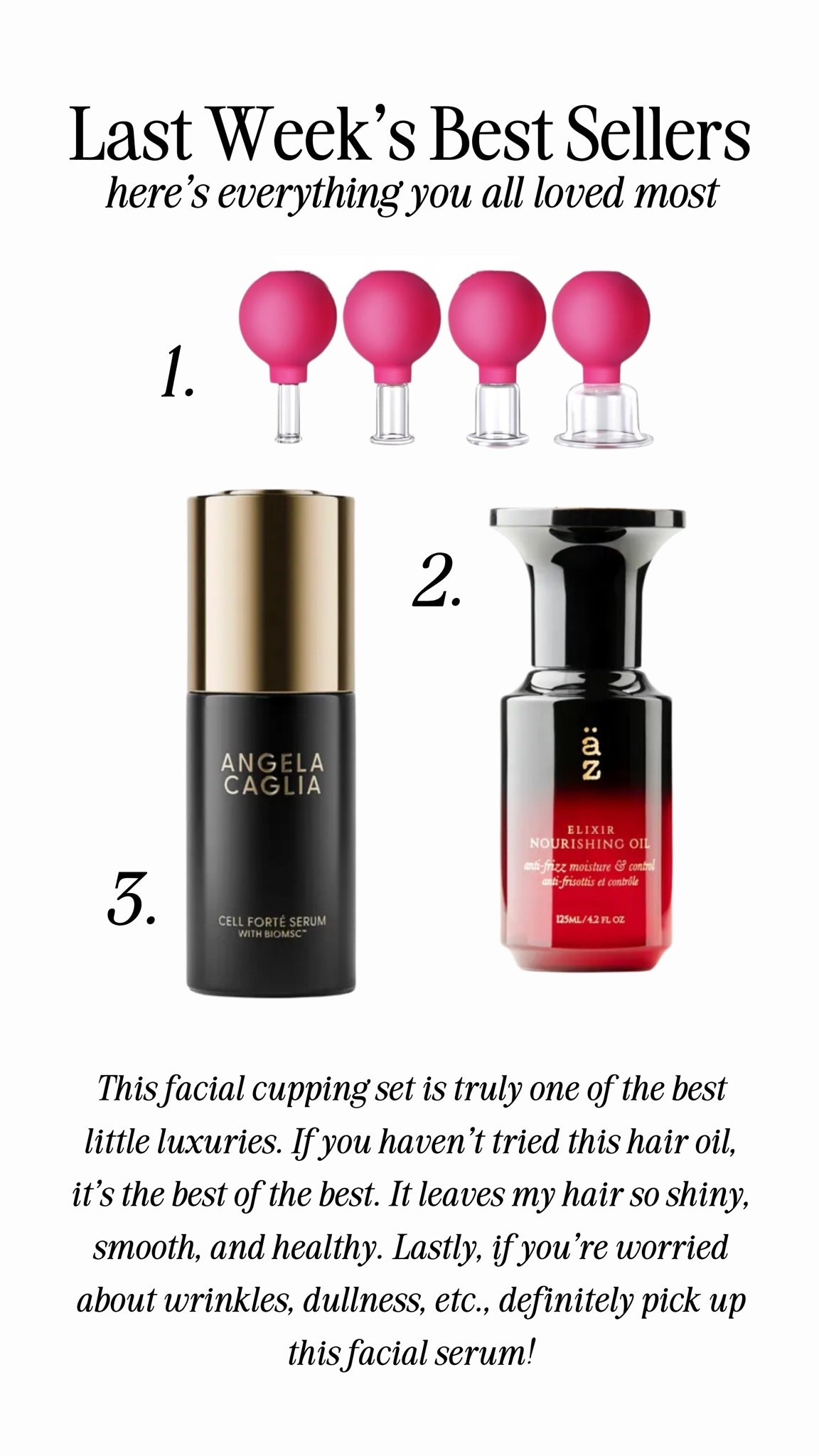This facial cupping set is truly one of the best little luxuries. If you haven’t tried this hair oil, it’s the best of the best. It leaves my hair so shiny, smooth, and healthy. Lastly, if you’re worried about wrinkles, dullness, etc., definitely pick up this facial serum!