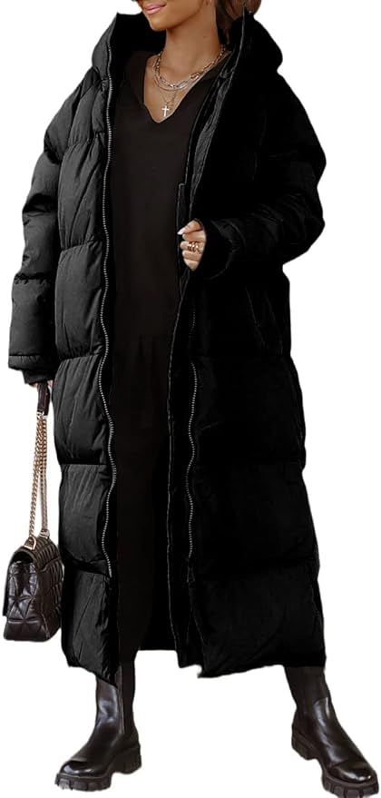 Shanfetl Women Long Quilted Coat Hooded Maxi Length Long Sleeve Puffer Jacket Padded Coat Winter ... | Amazon (US)