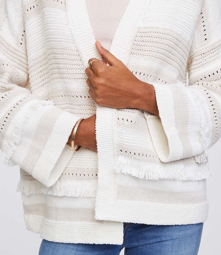 Fringe Pointelle Striped Cardigan | LOFT