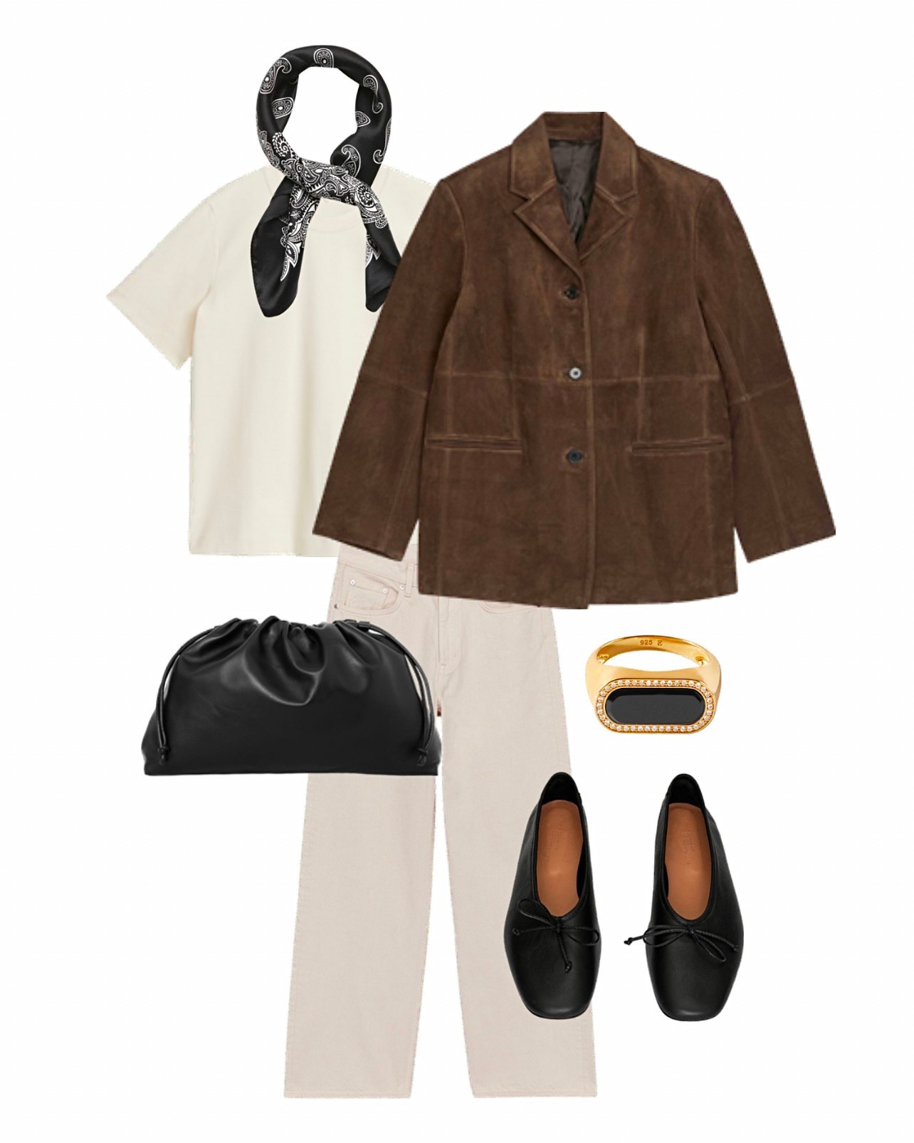 Suede blazer - spring outfit - silk scarf - ecru jeans - ballet flats - black bag - basics - white t-shirt - Arket heavyweight t-shirt - Arket jeans - brown suede blazer 

#LTKbag #LTKspring #LTKuk