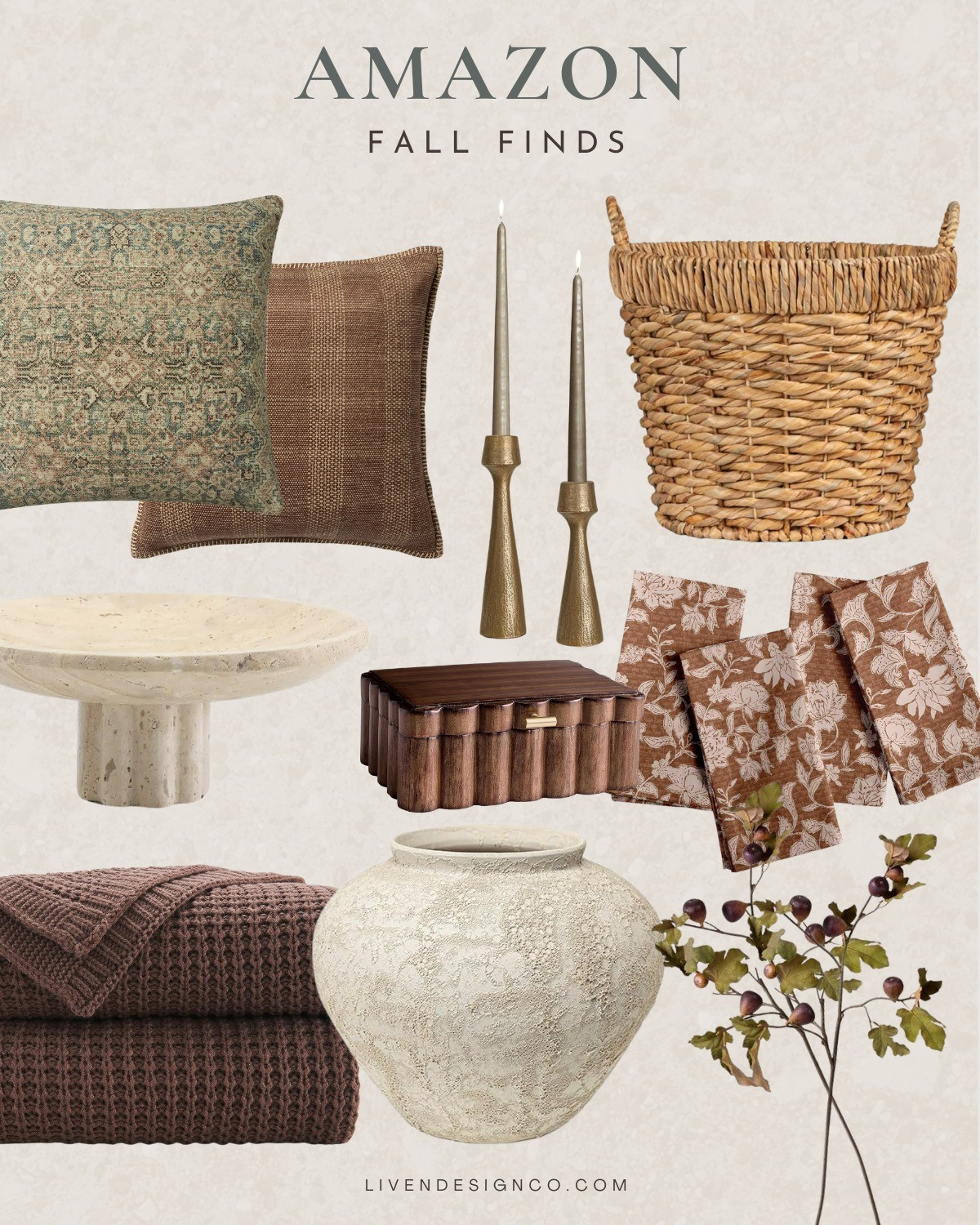 Amazon fall decor. Home decor. Woven basket. Throw pillow. Decorative box. Footed bowl. Block print napkins. Ceramic vase. Brass candlestick. Candle holders

#LTKHome #LTKSeasonal #LTKStyleTip