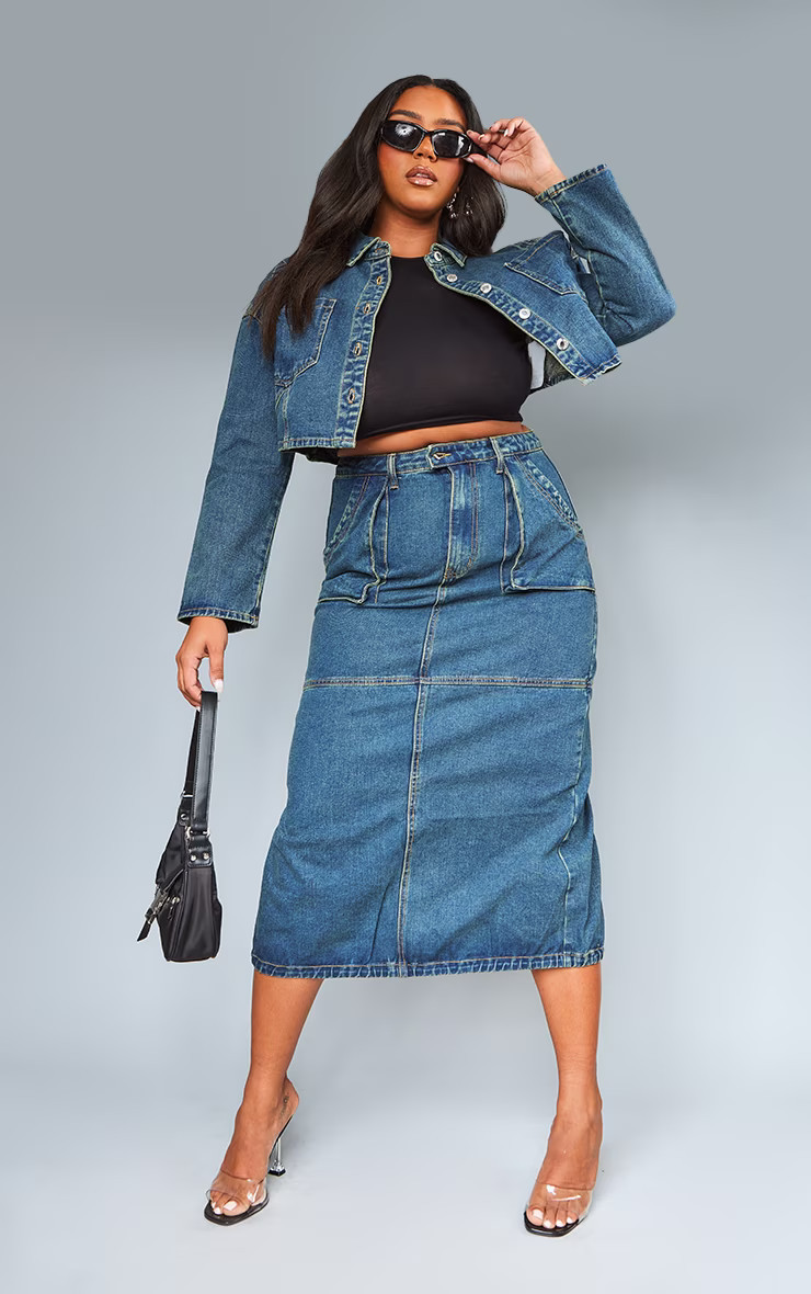 Plus Vintage Wash Seam Detail Cargo Denim Midi Skirt | PrettyLittleThing UK