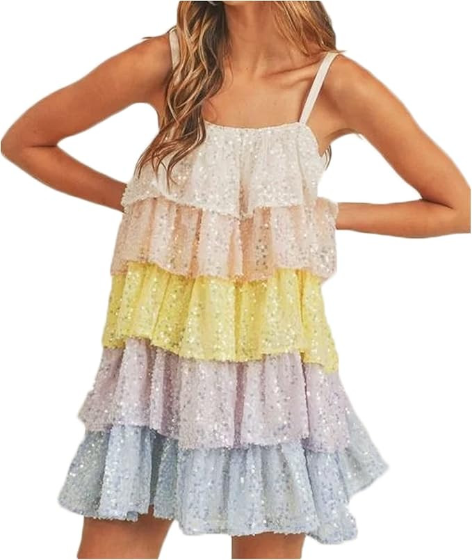 Multitrust Women Sequin Glitter Layered Mini Dress Spaghetti Strap Sparkle Party Clubwear Dresses | Amazon (US)