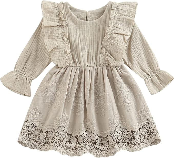 Mubineo Infant Baby Girl Long Sleeve Ruffle Princess Dress Comfy Cotton Linen Lace Dresses | Amazon (US)