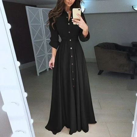 Black Dress Womens Lady Casual Fashion Long Sleeve Lapel Maxi Long Dress Solid Shirt Dress Fall Dresses For Women Long Black Dresses For Women | Walmart (US)