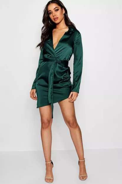 Satin Wrap Detail Dress | Boohoo.com (US & CA)