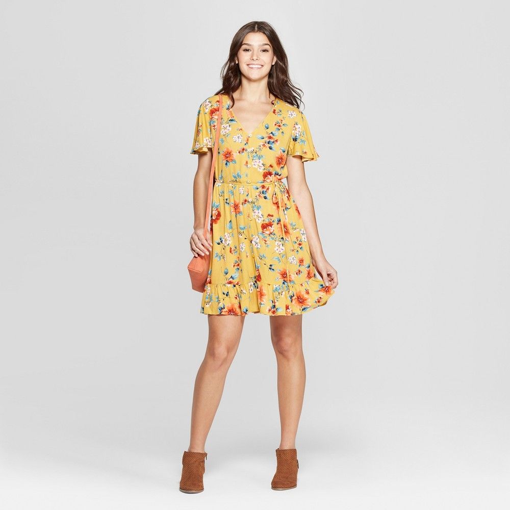 Women's Floral Print Short Sleeve Flutter Button-Front Dress - Xhilaration L Mustard, Yellow | Target