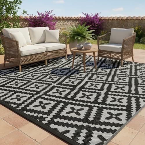 Haoyunll Outdoor Rug Geometric Black Grey 6x9 Waterproof, Reversible Plastic Straw Outdoor Patio Rug 0.13" Thick for RV, Camping, All-Weather Rug | Amazon (US)