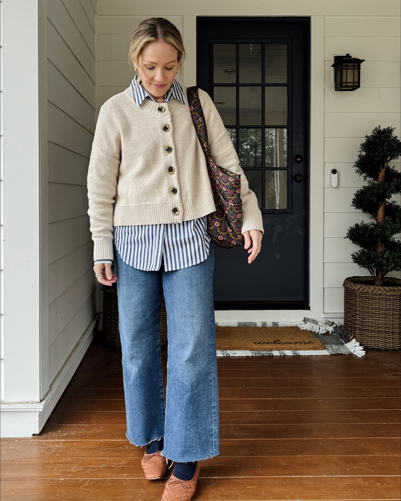 Wearing my regular size small in under $50 poplin button down & viral Quince cardigan sweater, color is Speckled Beige ~ Quince under $100 square toe woven flats along with the designer version ~ Agolde harper crop jeans are an everyday favorite I reach for multiple times a week true to size, wearing crop length (i'm 5'3") Clare V Sportif Tote ~ Bauble Bar earrings ~ Merit flush balm on lips & cheeks in LeBonBon ~ eby underwear size up to Medium ~ xo, Claire

#LTKOver40 #LTKWorkwear #LTKootd