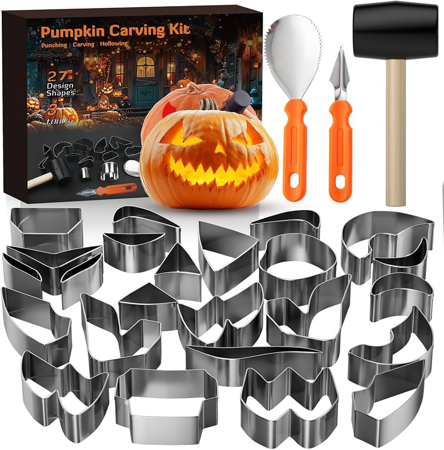 Pumpkin Carving Kit, 27PCS Stainless Steel Tools with 24 Halloween Shape Molds & 3 Carving Tools,... | Amazon (US)