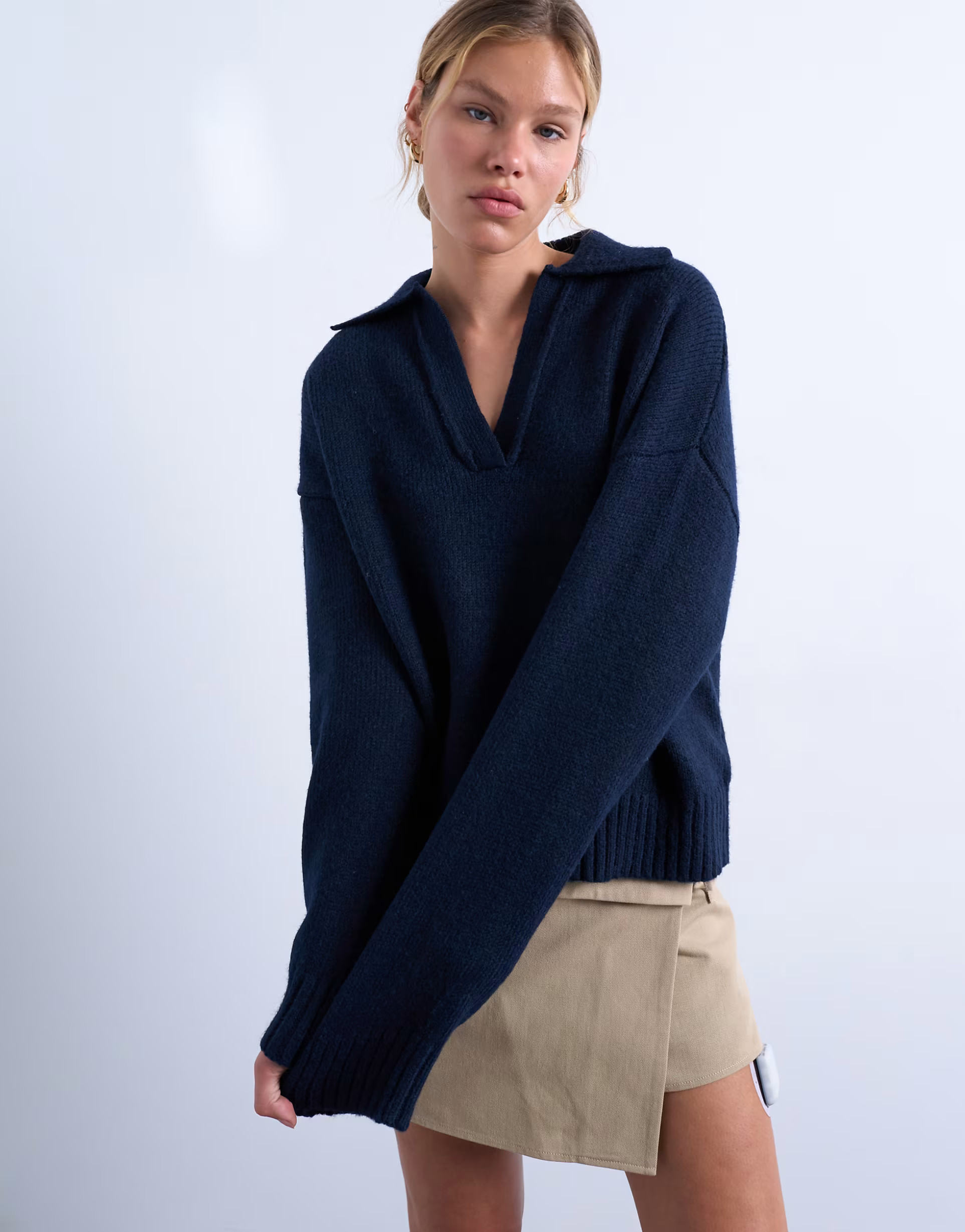 Topshop knit v neck collared sweater in navy | ASOS (Global)