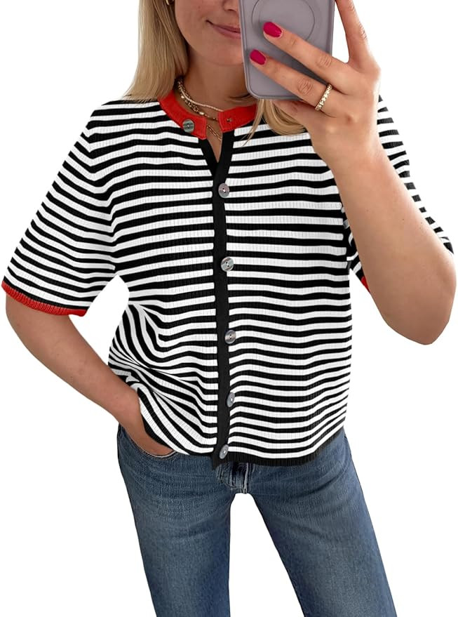 Saodimallsu Womens Short Sleeve Cardigans Striped Button Down Sweater Tops | Amazon (US)