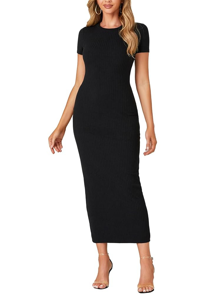 Umenlele Women’s Casual Short Sleeve Ribbed Knit Bodycon Fitted Pencil Long Maxi Dress | Amazon (US)