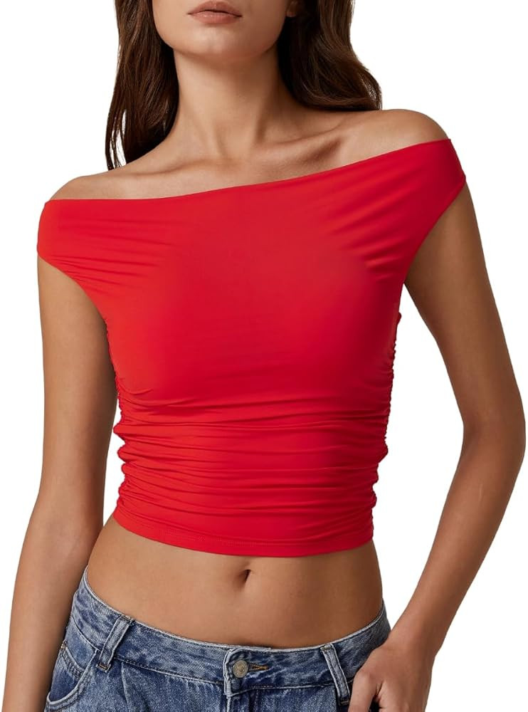 QINSEN Women's Off Shoulder Top Sleeveless Ruched Double Lined Crop Top Y2k T Shirts | Amazon (US)