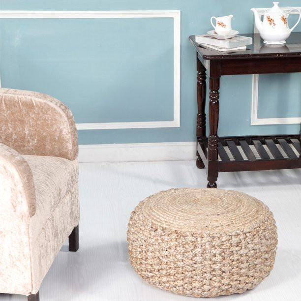 Woven Paths LR Home Round Solid Braided Cotton Indoor Pouf, Beige - Walmart.com | Walmart (US)