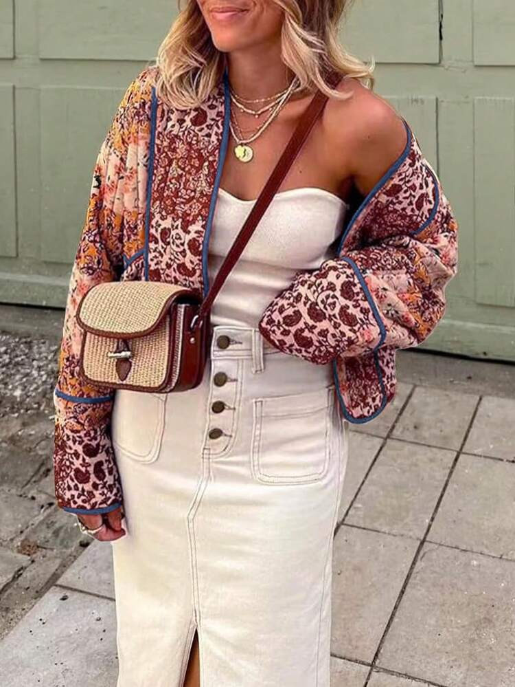 Women's Reversible Floral Quilted Jacket Cropped Puffer Cardigan Open Front Lightweight | SHEIN