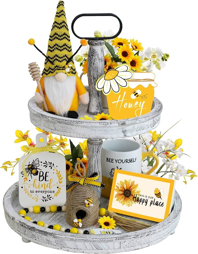6 Pcs Bee Tiered Tray Decor Set, Bumble Bee Farmhouse Kitchen Decor with Gnome, Honey Jar, Bee Hi... | Amazon (US)