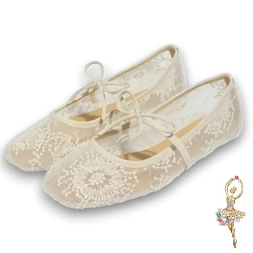 SENSEADE Lace Ballet Flats for Women, Ballet Flats with Strap, Pink Elegant Square Mesh for Girls, Comfortable Party(Beige,6) | Amazon (US)