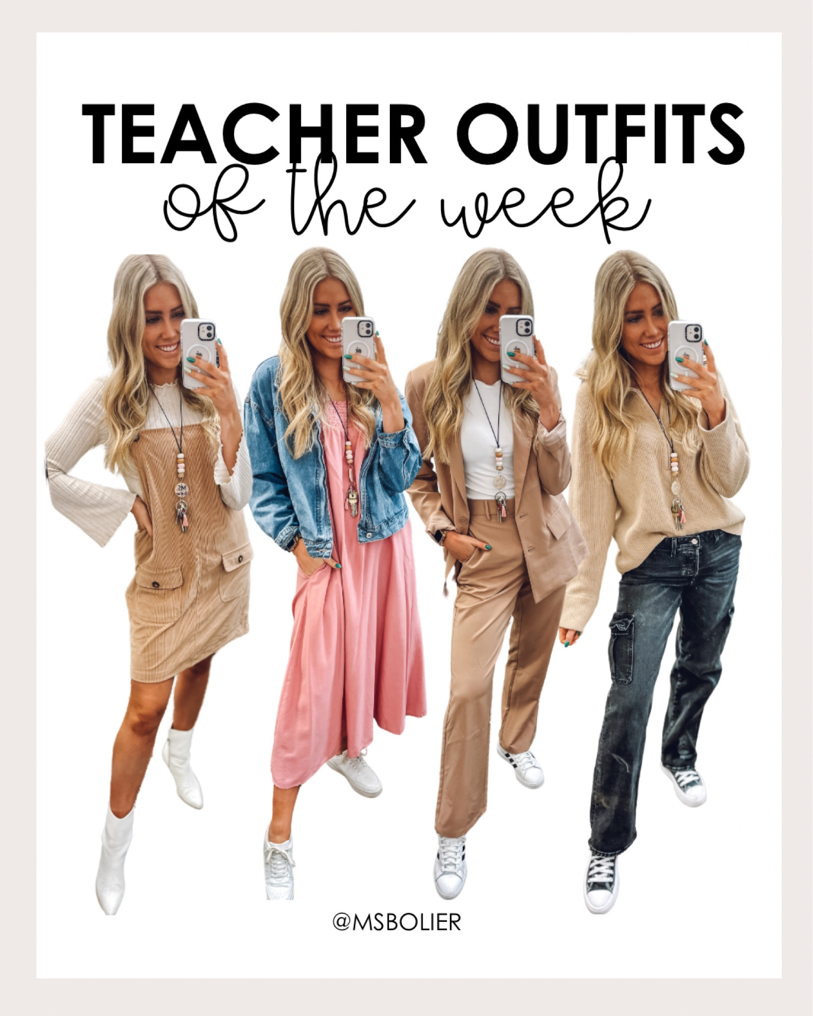 teacher outfits for this week—only - 4 day work week!!
Corduroy overall dress: wearing usual size M
Pink dress: wearing usual size M
Denim jacket: true to size 
Tan blazer set: wearing usual size M
Half zip sweater: sized up one to L
Black cargo jeans: true to size
All sneakers: true to size + comfy
White boots: size up half 

#LTKworkwear #LTKfindsunder100 #LTKfindsunder50