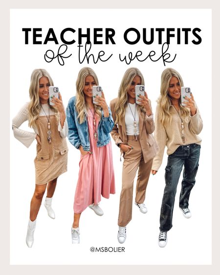 teacher outfits for this week—only - 4 day work week!!
Corduroy overall dress: wearing usual size M
Pink dress: wearing usual size M
Denim jacket: true to size 
Tan blazer set: wearing usual size M
Half zip sweater: sized up one to L
Black cargo jeans: true to size
All sneakers: true to size + comfy
White boots: size up half 

#LTKworkwear #LTKfindsunder100 #LTKfindsunder50