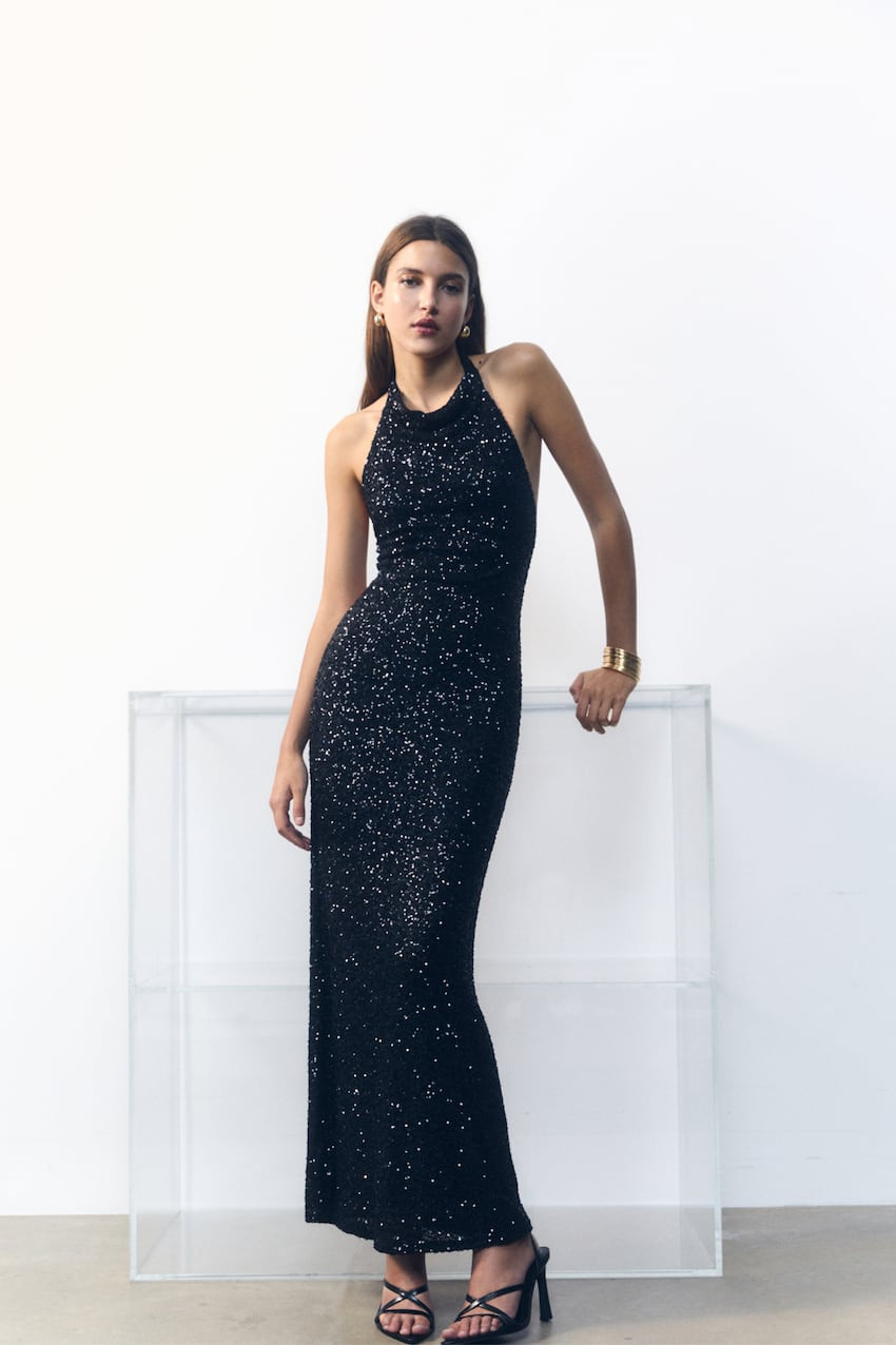Robe longue à encolure américaine et paillettes | PULL and BEAR FR