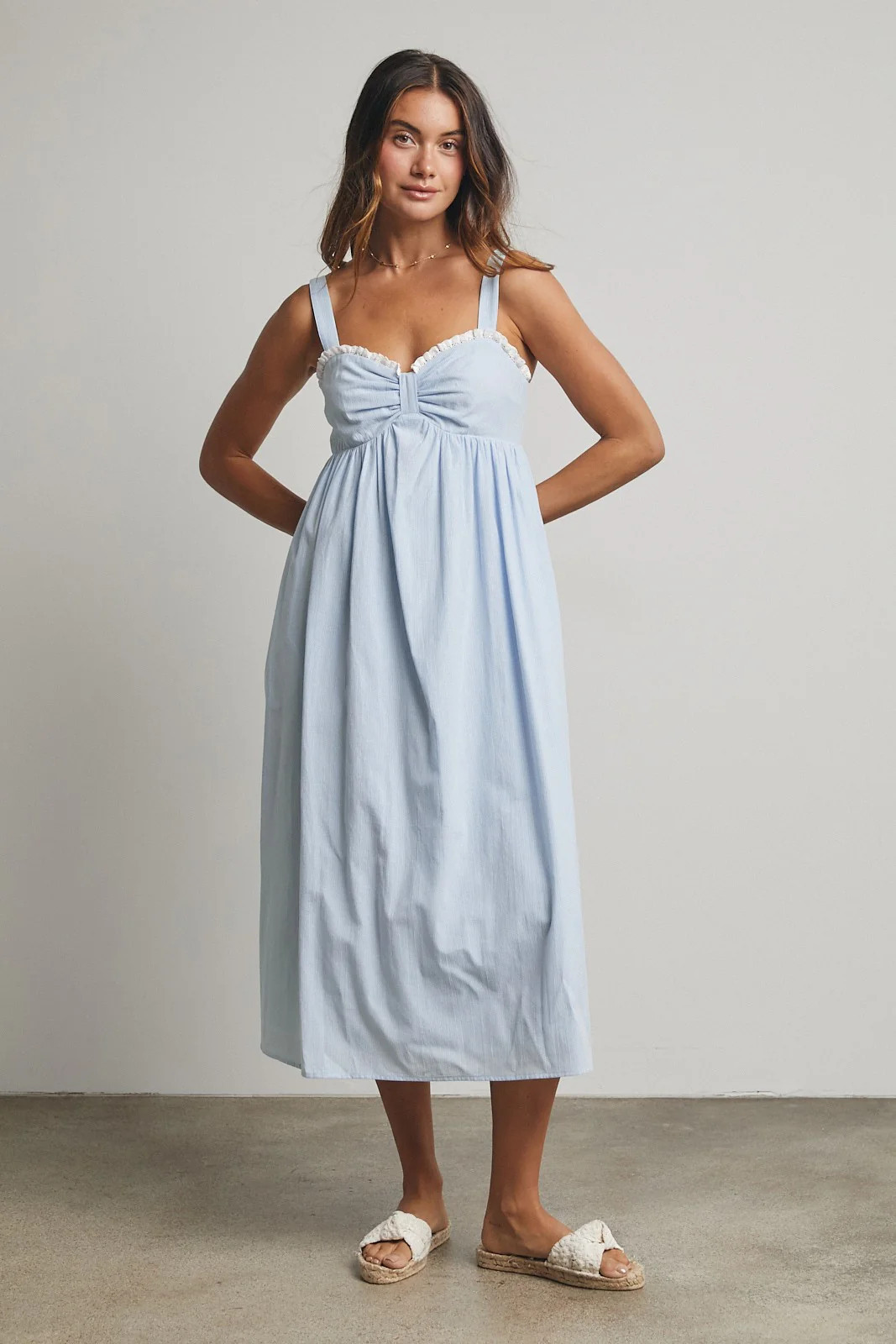 Blue Ruffle Trim Sweetheart Neckline Midi Dress | PinkBlush Maternity