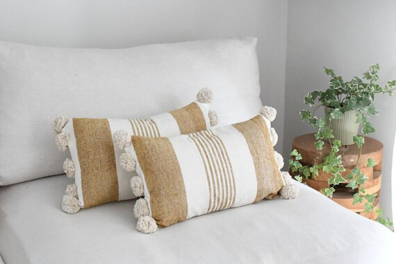 India pom Pom White and Tan Striped Lumbar Pillow - Etsy | Etsy (US)