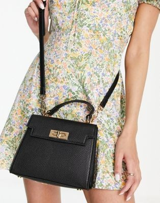 ASOS DESIGN lock detail bag with top handle and detachable crossbody strap in black | ASOS (Global)