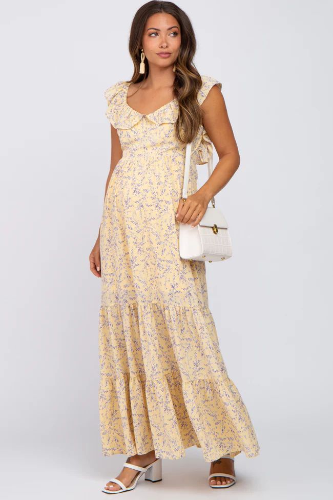 Yellow Floral Ruffle Tiered Maternity Maxi Dress | PinkBlush Maternity