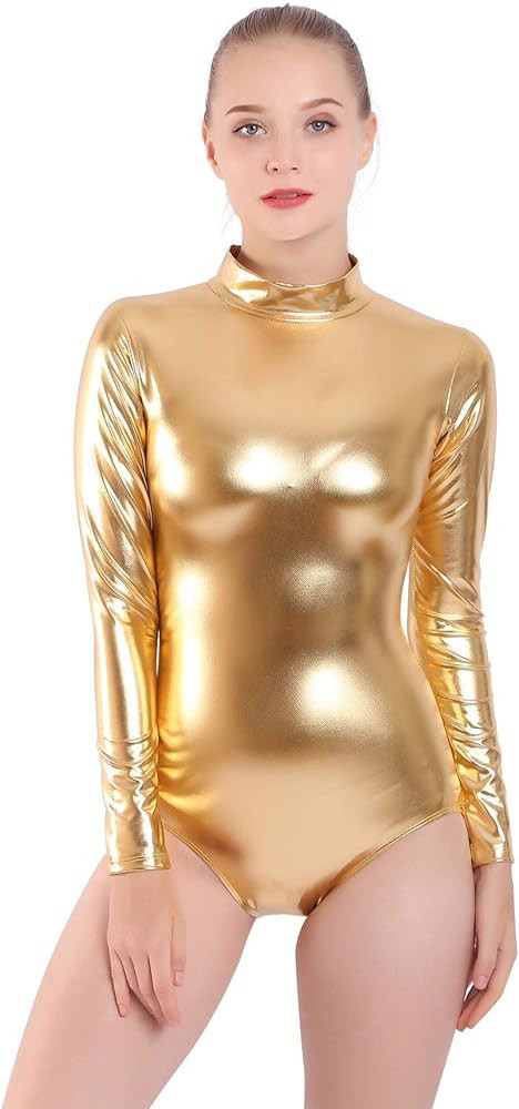 Javly Long Sleeve Metallic Bodysuit Women Shiny Dance Leotard Turtleneck Latex Bodysuit | Amazon (US)