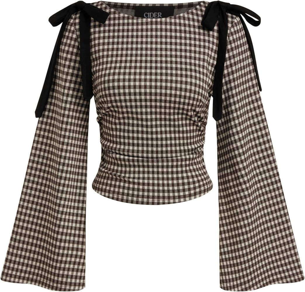 CIDER Tops Gingham Bowknot Ruched Long Sleeve Boat Neck Slim Fit Top | Amazon (US)
