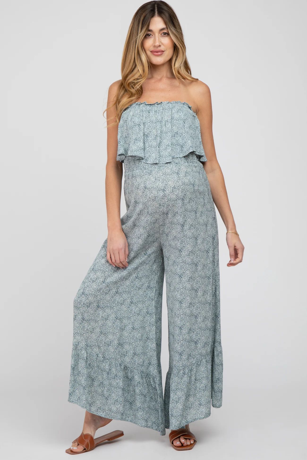 Blue Floral Strapless Ruffle Hem Maternity Jumpsuit | PinkBlush Maternity