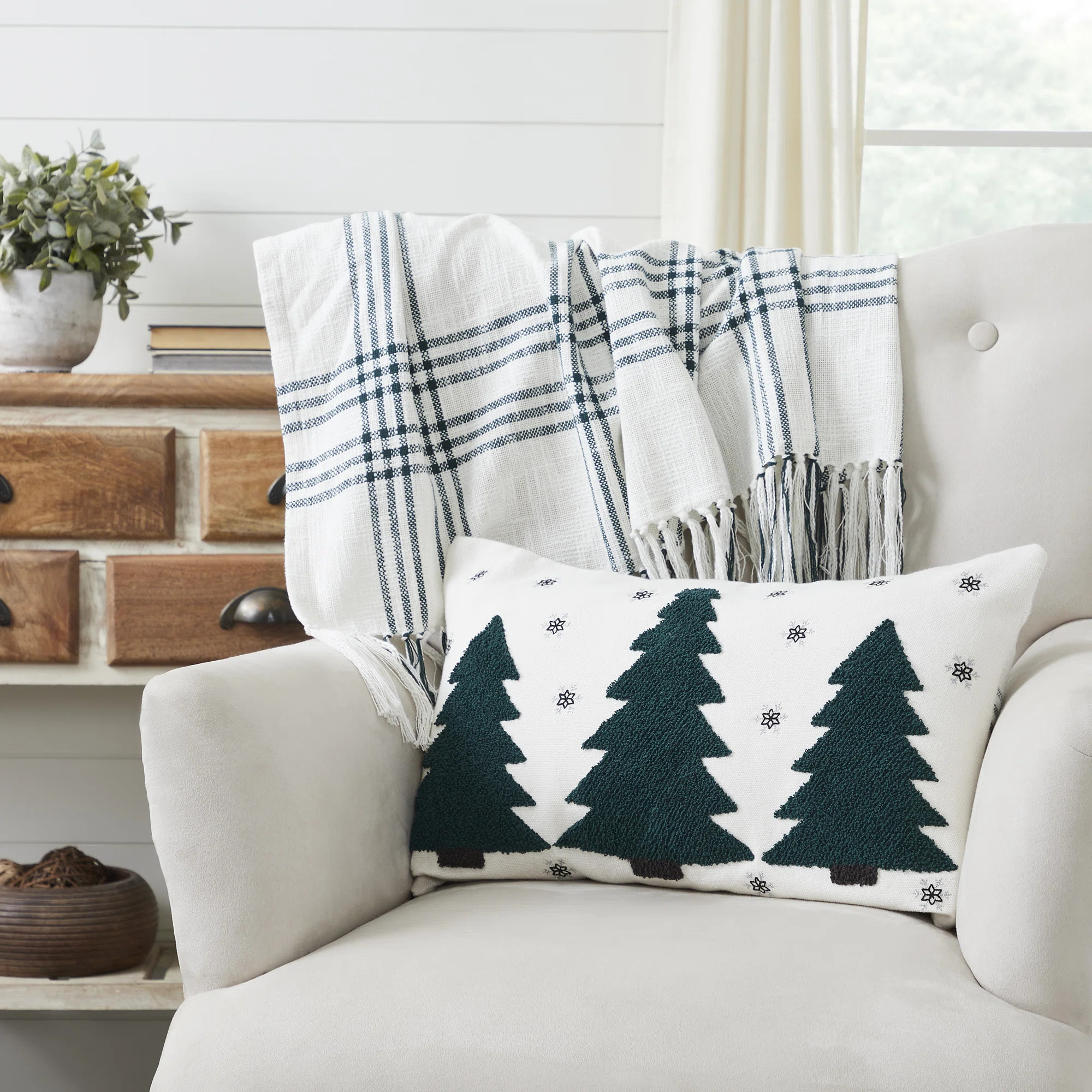 VHC Brands Pine Grove Plaid Pine Trees & Snowflakes Cotton Pillow | Wayfair | Wayfair North America