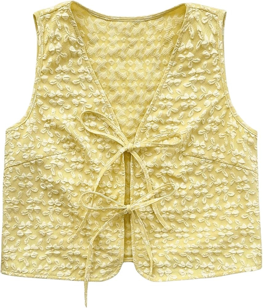 SHENHE Women's Tie Front Textured Floral Tank Top V Neck Sleeveless Casual Boho Vest | Amazon (US)