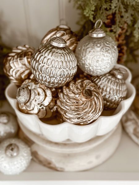 Cozy Christmas decor idea: add ornaments to a pretty bowl to set out on tables, shelves, & more. 

#LovesQVC #ad #LTKHoliday
