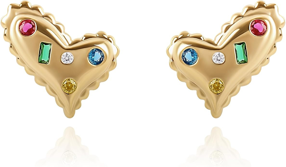 Cute Gold Heart Stud Earrings for Women 14K Gold Plated Dainty Love Heart Stud Earrings with Colo... | Amazon (US)