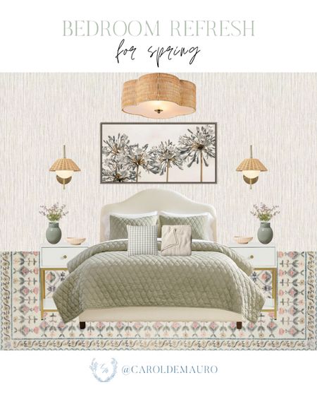 Upgrade your bedroom this spring with these decor and furniture pieces: rattan sconce, wall painting, minimalist white table, and more! 
#interiordesign #springrefresh #homeinspo #modernhome

#LTKSeasonal #LTKhome #LTKstyletip