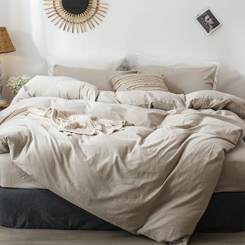 MooMee Bedding Duvet Cover Set 100% Washed Cotton Linen Like Textured Breathable Durable Soft Comfy (Heathered Tannish Linen Grey, Queen 90"x90") | Amazon (US)