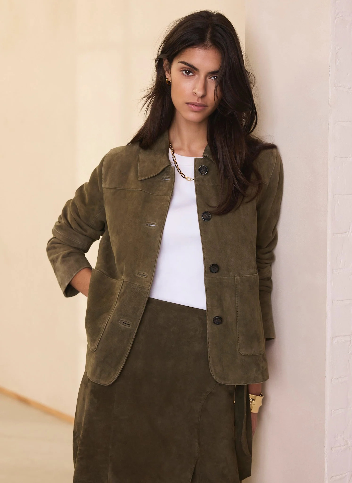Khaki Suede Pocket Detail Jacket | Mint Velvet