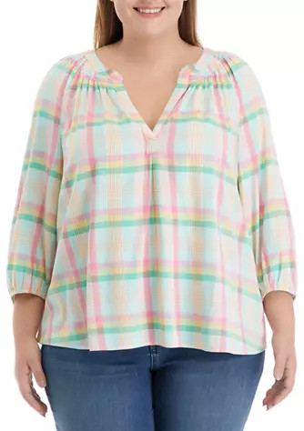 Plus Size 3/4 Blouson Sleeve Striped V-Neck Shirt | Belk