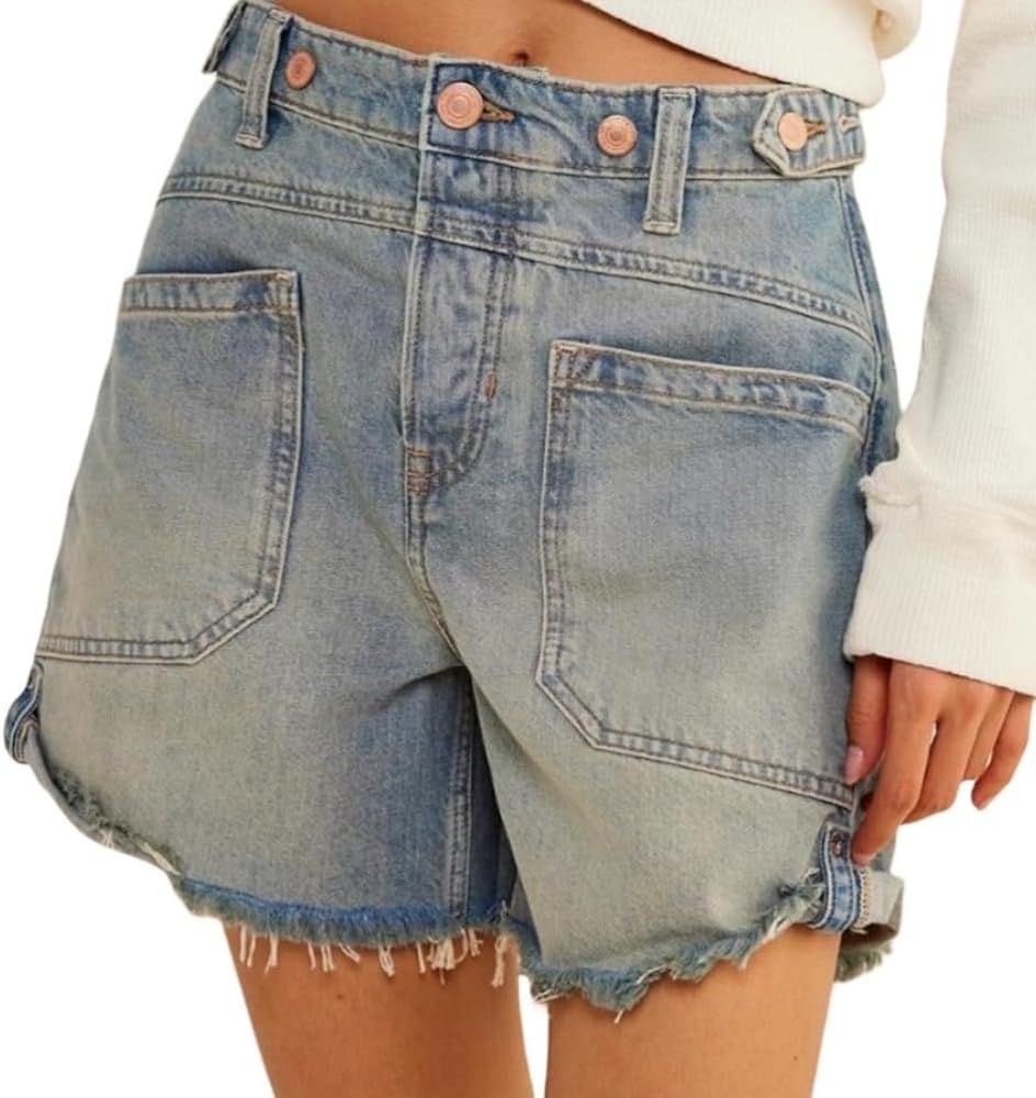 Women Mid Waist Jean Shorts Raw Hem Trendy Folded Hem Denim Short Jeans | Amazon (US)