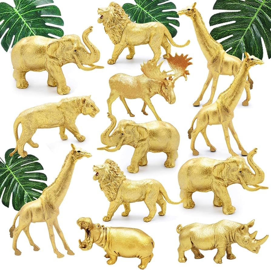 Metallic Gold Plastic Animal Figurines Toys, 12PCS Jumbo Safari Zoo Animal Figures, Jungle Wild A... | Amazon (US)