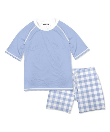 Periwinkle & White Gingham Short-Sleeve Rashguard Set - Infant, Toddler & Boys | Zulily