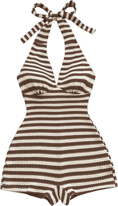 Verdusa Women's Striped Knit Halter Rompers Sleeveless Backless One Piece Beach Romper Summer Vac... | Amazon (US)