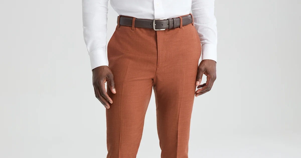 Men\u2019s Terracotta Linen-Look Suit Pants | Dark Orange Dress Pants | SuitShop | SuitShop