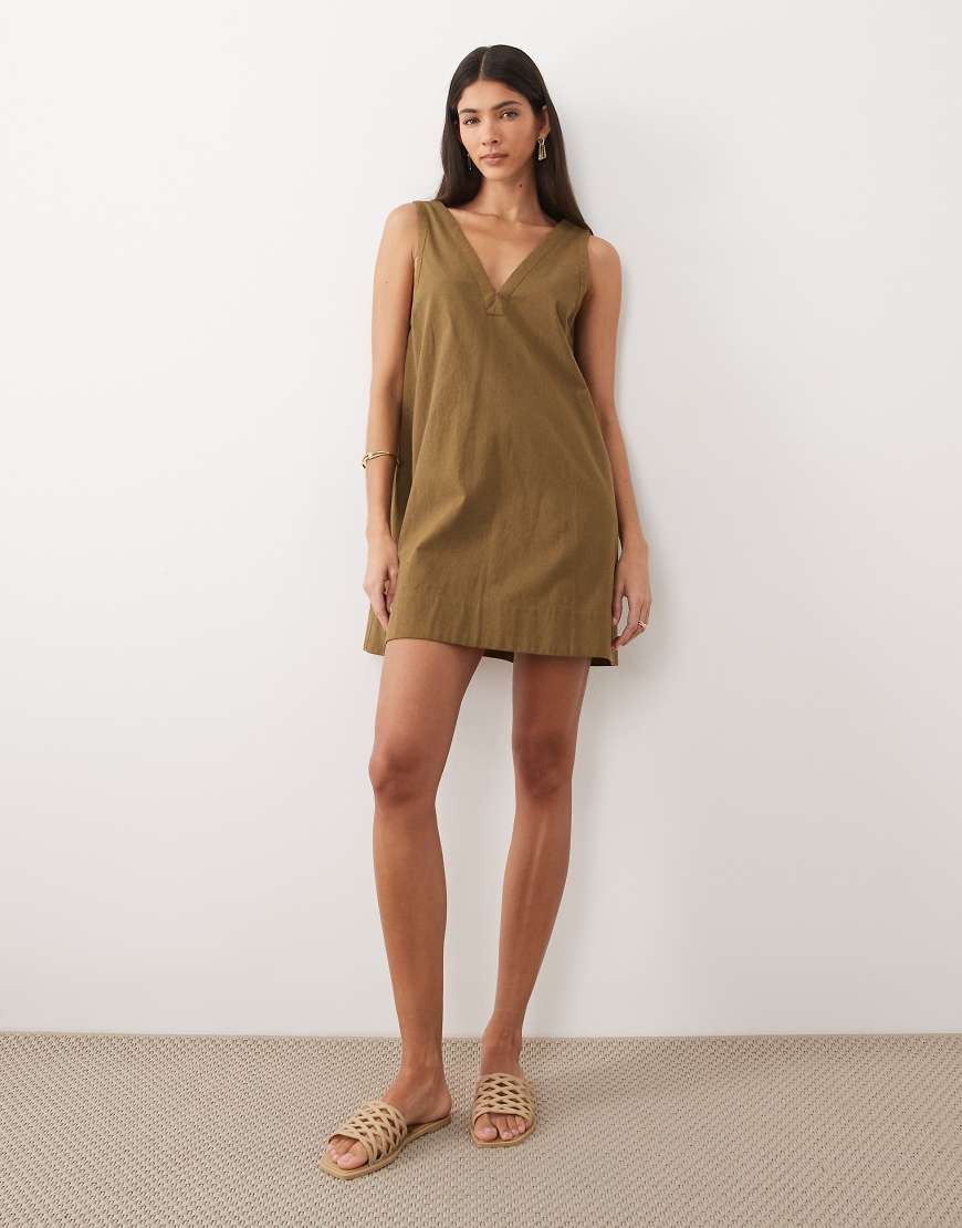 ASOS DESIGN cotton linen v neck smock mini dress in moss green - MGREEN | ASOS (Global)