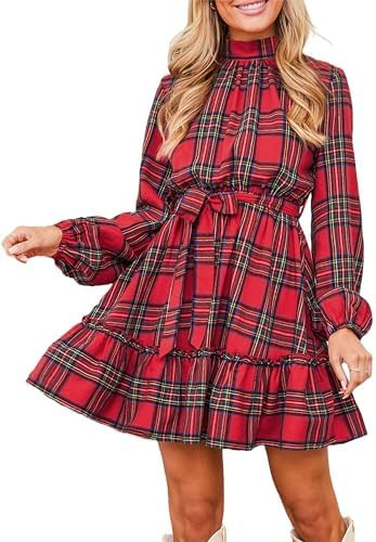 CUPSHE Women's Mini Dress High Neck Plaid Long Sleeve Belted Ruffled Hem Short Dresses | Amazon (US)