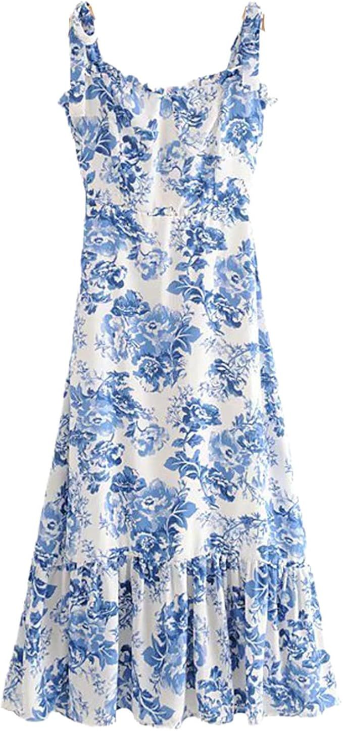 Holiday Spaghetti Straps Women Dress Blue Floral Print Ruffles Midi Dressesa | Amazon (US)