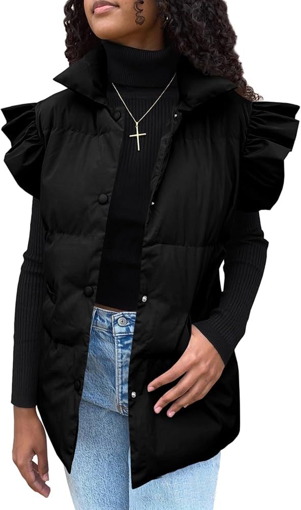 Nicfazy Womens Puffer Vest Ruffle Sleeve Button Down Sleeveless Padded Coat with Pocket | Amazon (US)