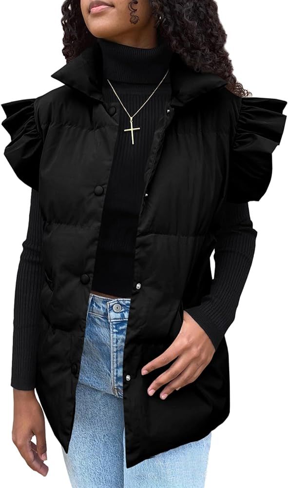 Nicfazy Womens Puffer Vest Ruffle Sleeve Button Down Sleeveless Padded Coat with Pocket | Amazon (US)